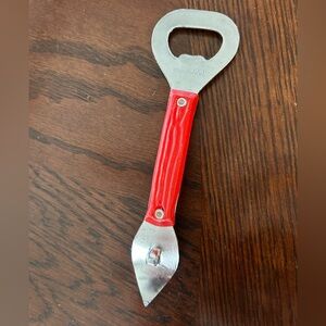 Vintage Can & Bottle Opener Riveted Red Bakelite? Handle Marked Made Hong Kong